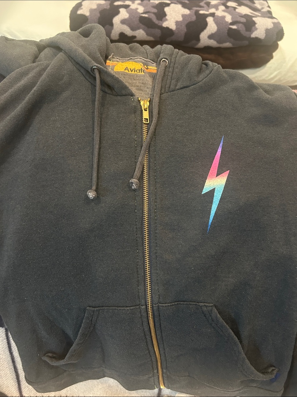Aviator Nation Women's Black Zip Hoodie with Rainbow Lightning Bolt